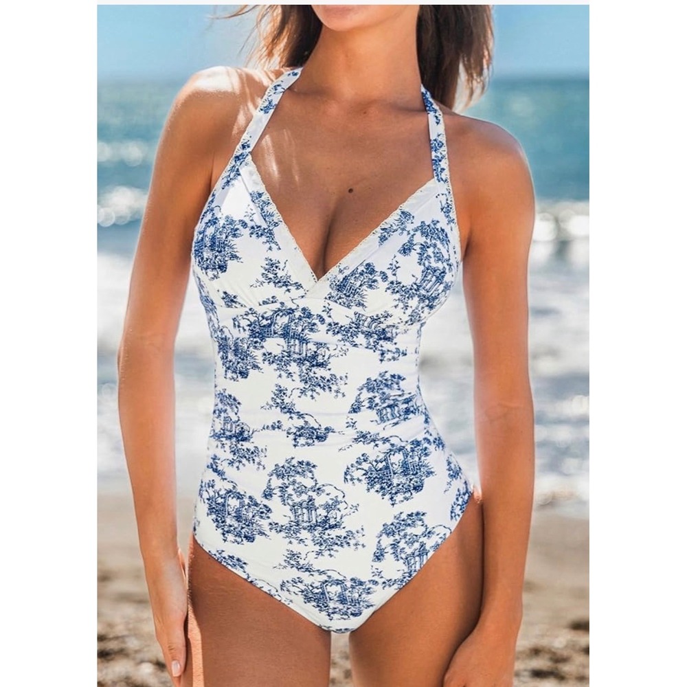 Cupshe Blue White Toile De Jouy Ruched Halter One Piece Swimsuit Large